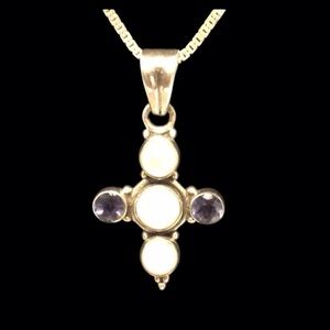 Sterling Silver Mother of Pearl & Amethyst Cross Pendant Necklace. Pre owned
